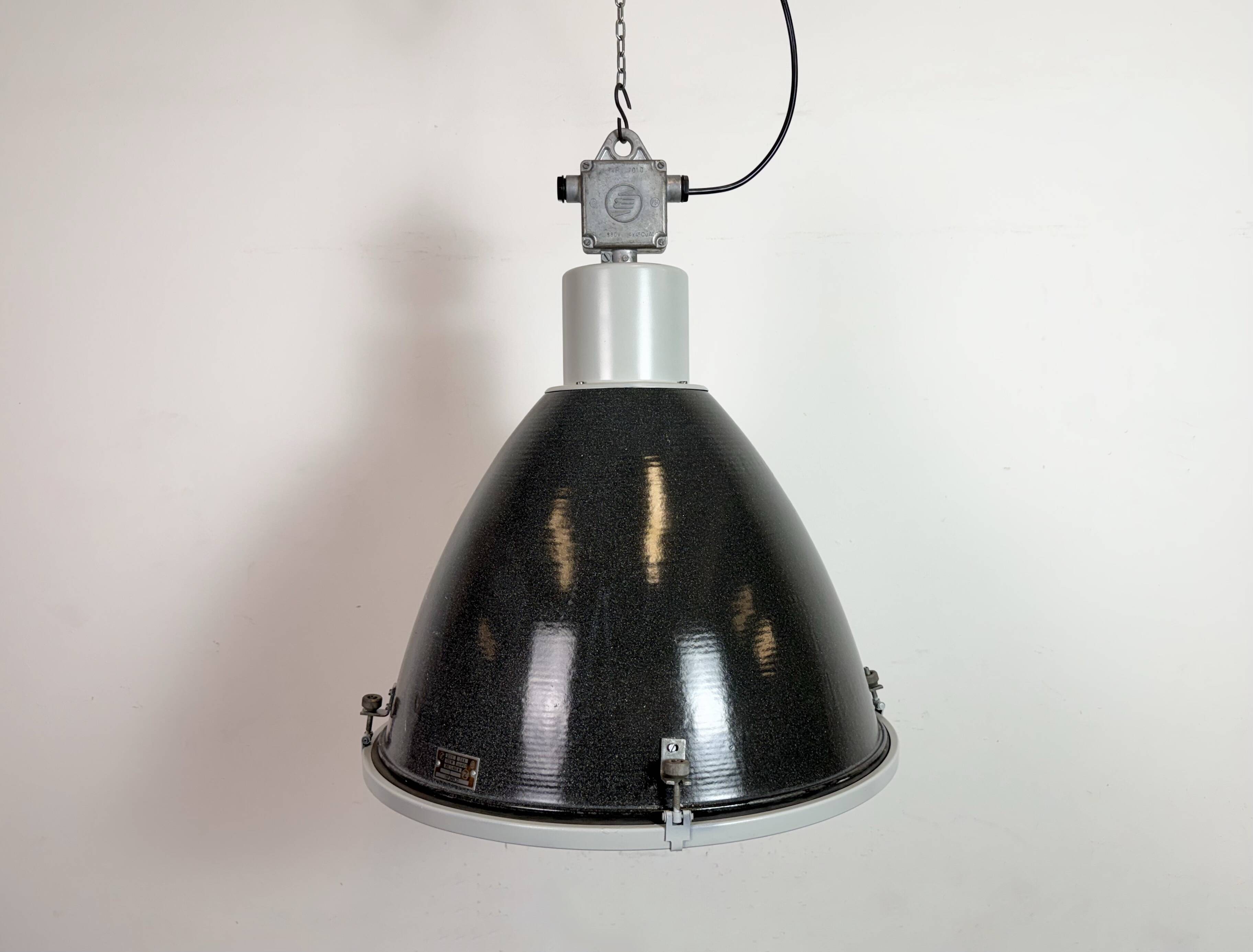 Large Industrial Enamel Factory Pendant Lamp with Glass Cover, 1960s