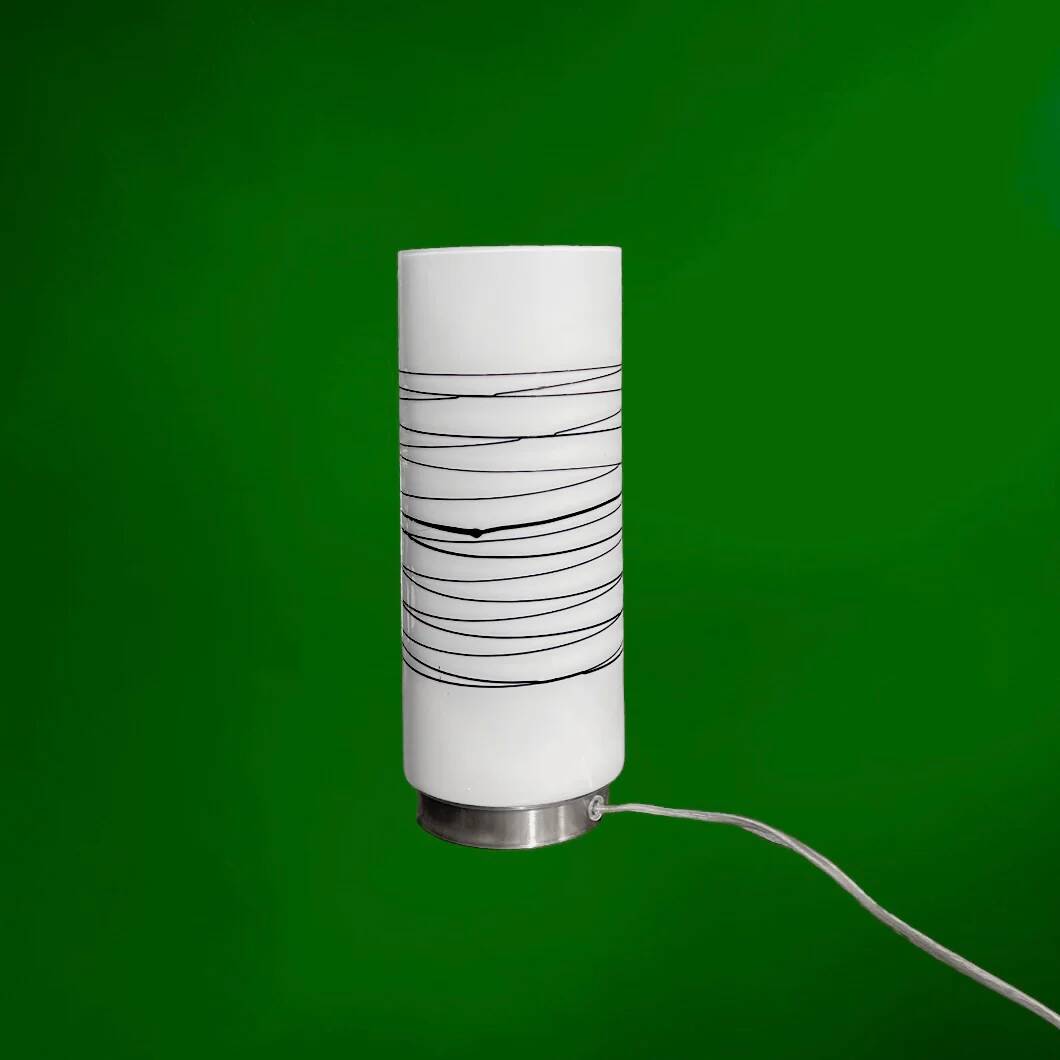 Vintage solid cylindrical lamp in white opal glass and brushed metal – postmodern design