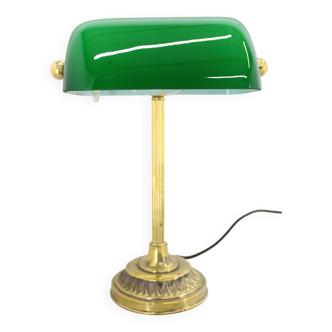 1930s Art Deco Brass  Banker Table Lamp with Glass Shade, Czechoslovakia