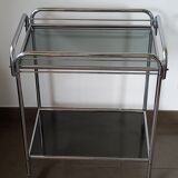 Vintage service with wheels in chrome tubes and 2 trays in gray smoked glass