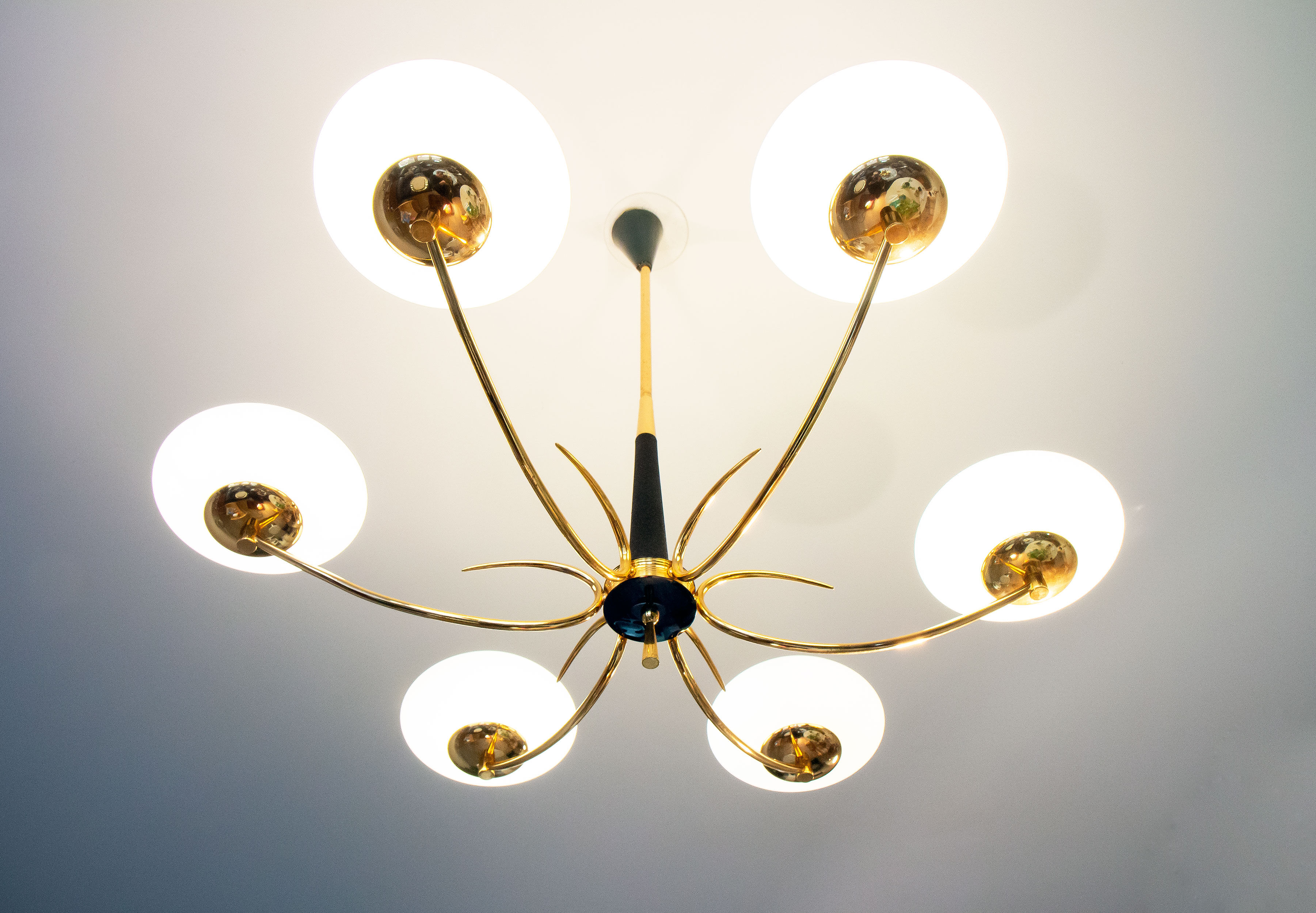 Pendant light in brass and opaline 50s