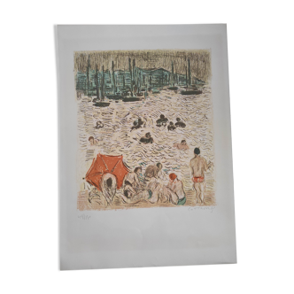 La plage- original signed-numbered lithograph - andre cottavoz-49/150
