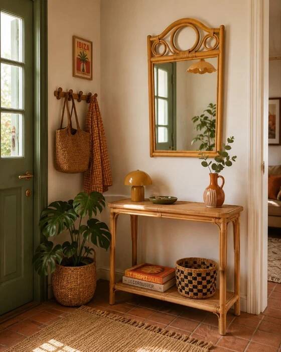 Miroir en bois courbé et rotin