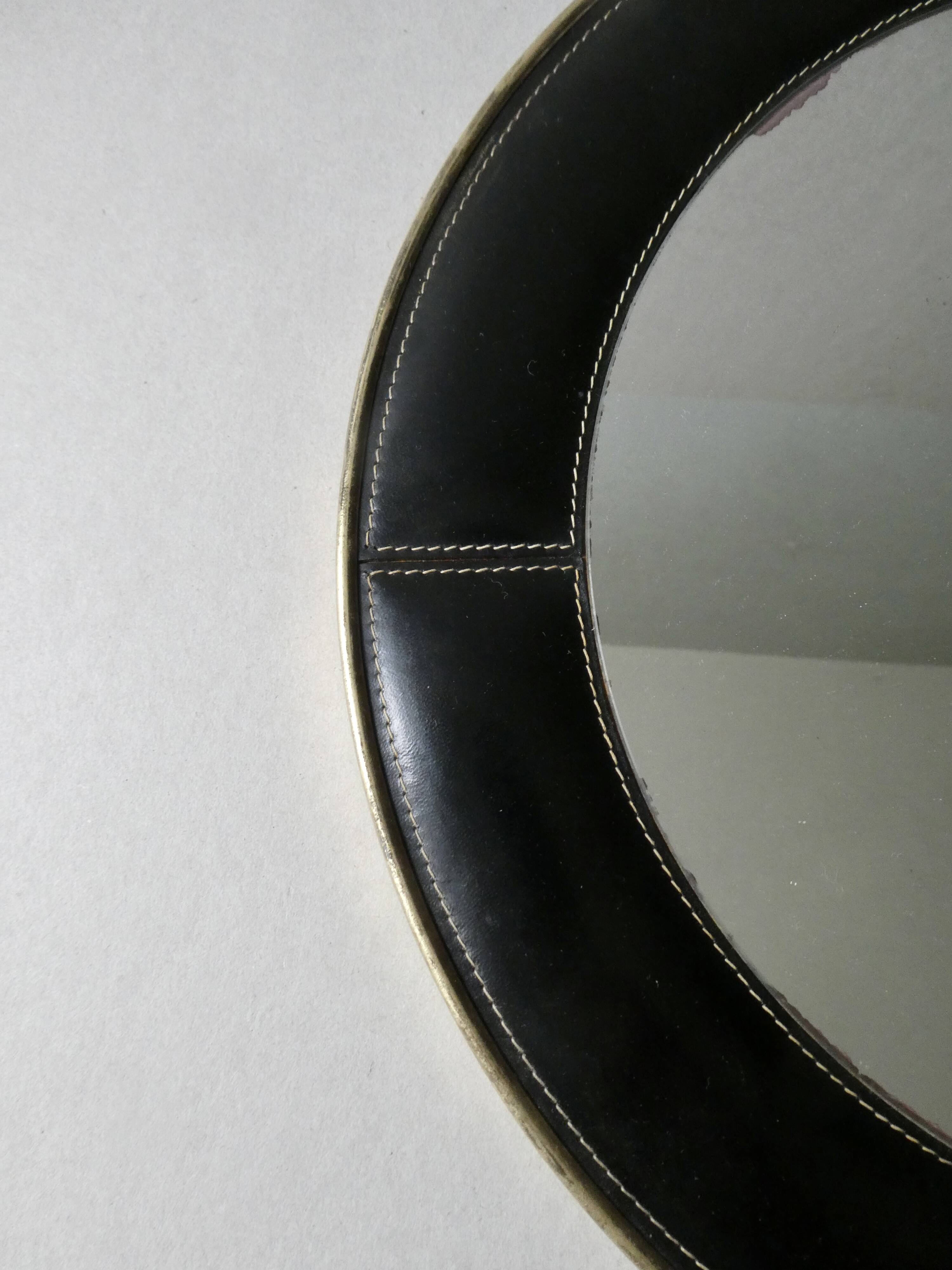 leather mirror, saddle stitching, 60s
