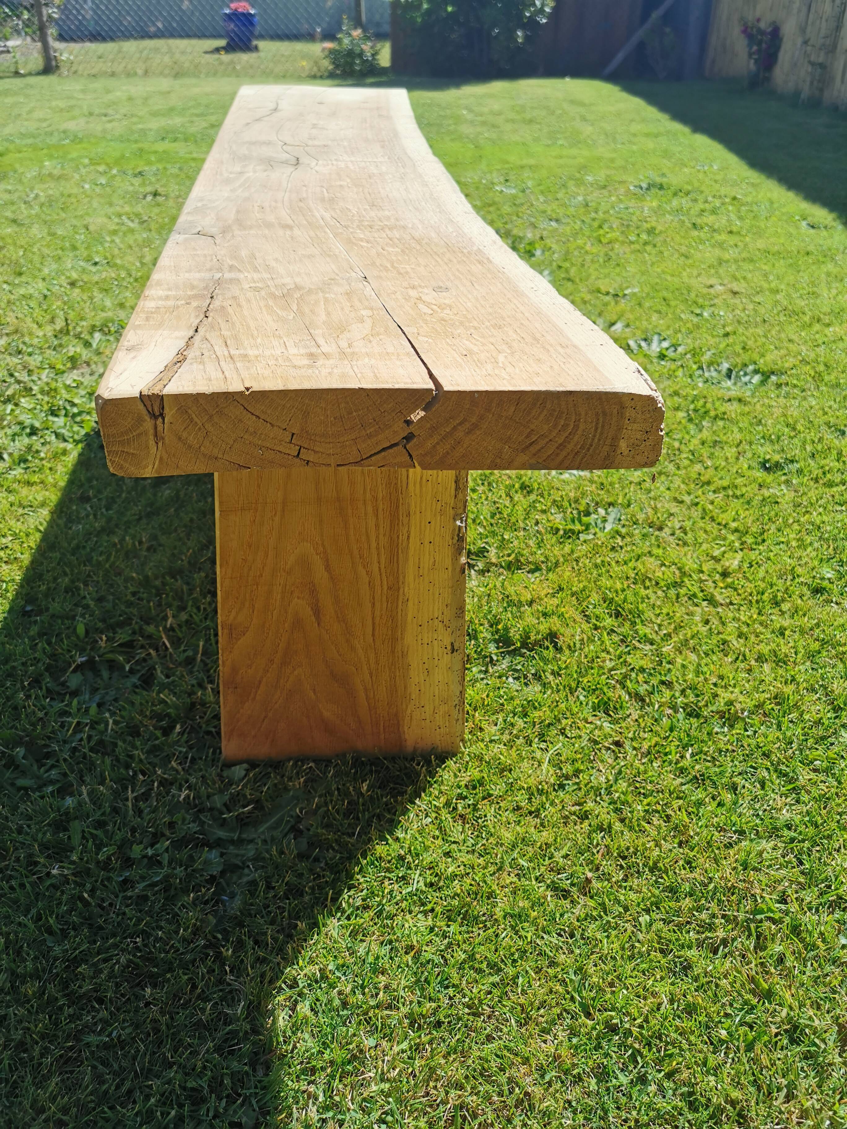 Old brutalist art bench, in natural raw oak