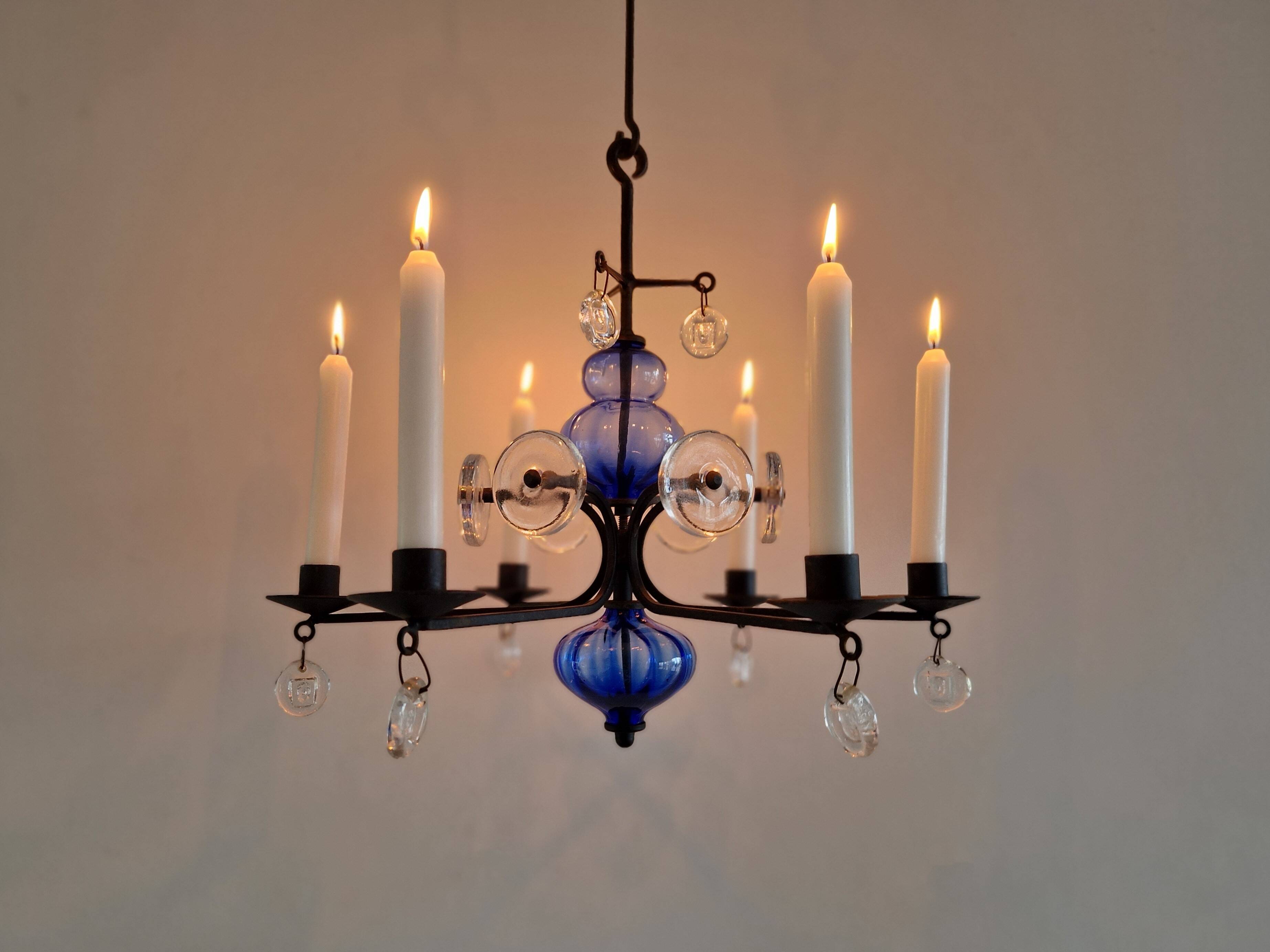 Art glass and wrought iron candelabra chandelier by Erik Höglund for Boda, Sweden 1960's