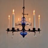 Art glass and wrought iron candelabra chandelier by Erik Höglund for Boda, Sweden 1960's