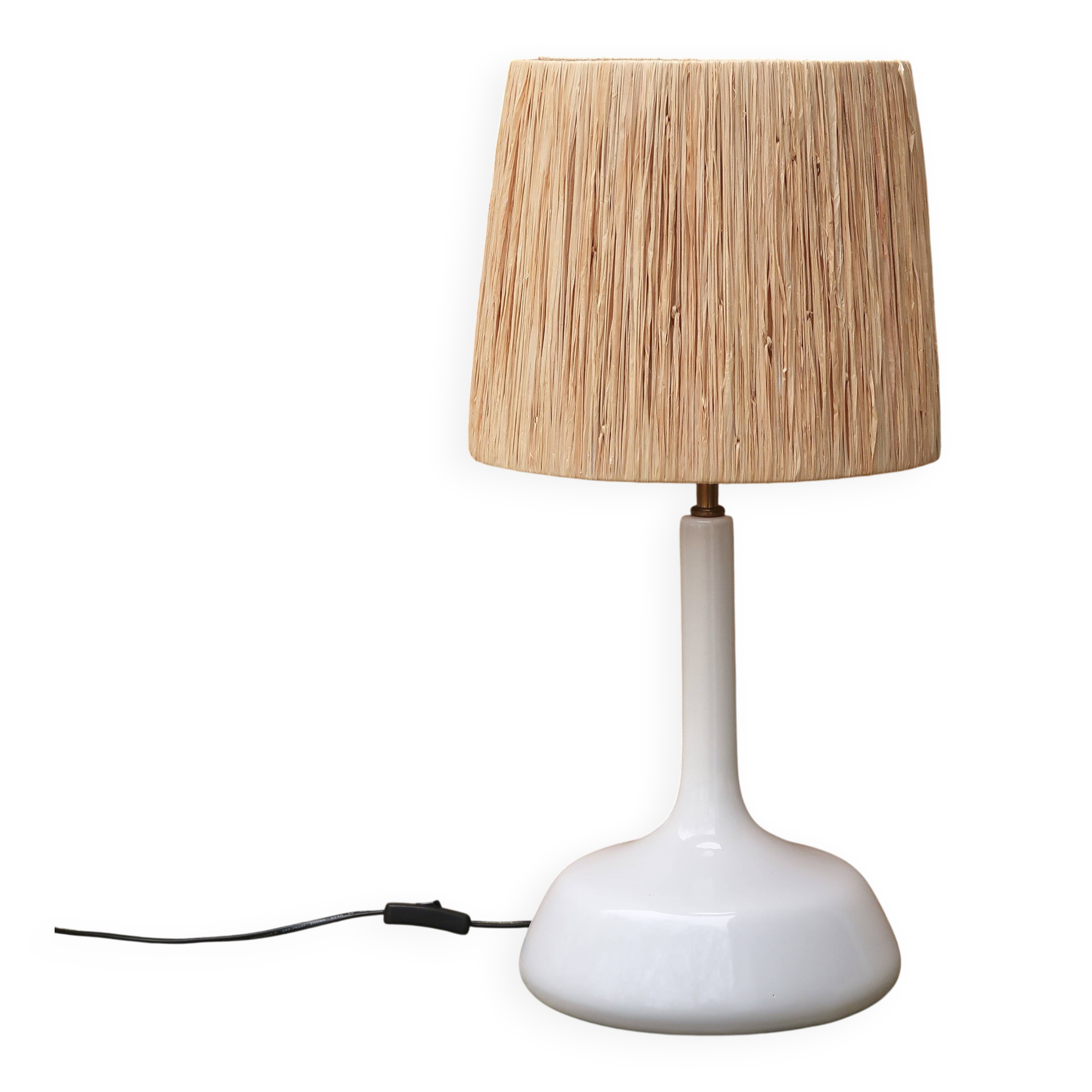 Large white ceramic lamp with raffia shade, 1970s