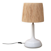 Large white ceramic lamp with raffia shade, 1970s