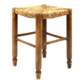 Tabouret brutaliste en bois et paille