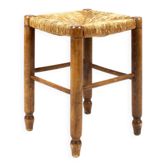 Tabouret brutaliste en bois et paille