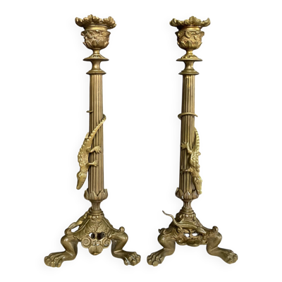 Paire de flambeaux XIXe en bronze doré style empire