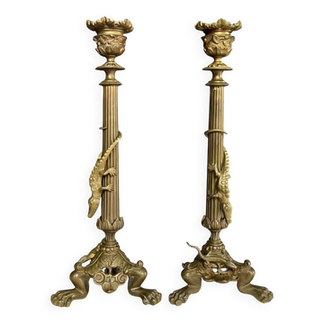 Paire de flambeaux XIXe en bronze doré style empire