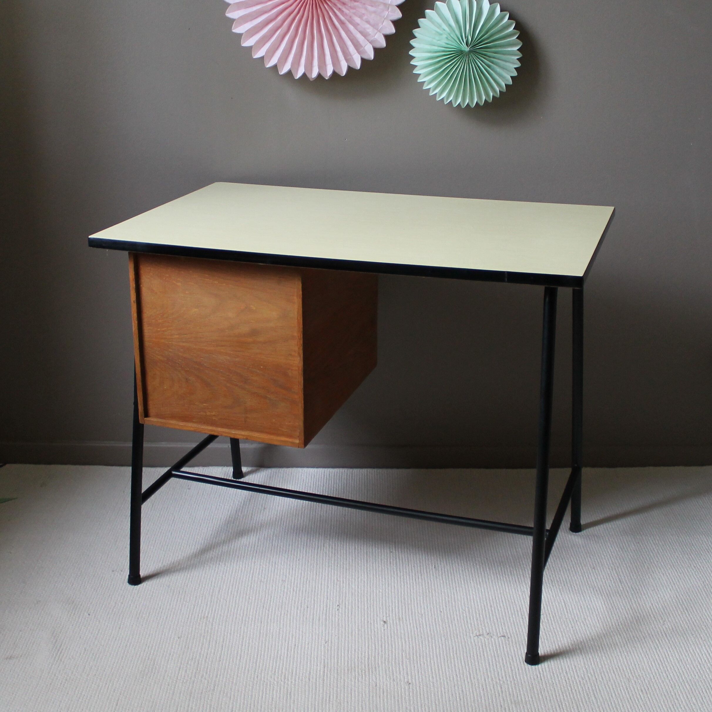 vintage desk tray & drawers formica yellow serin