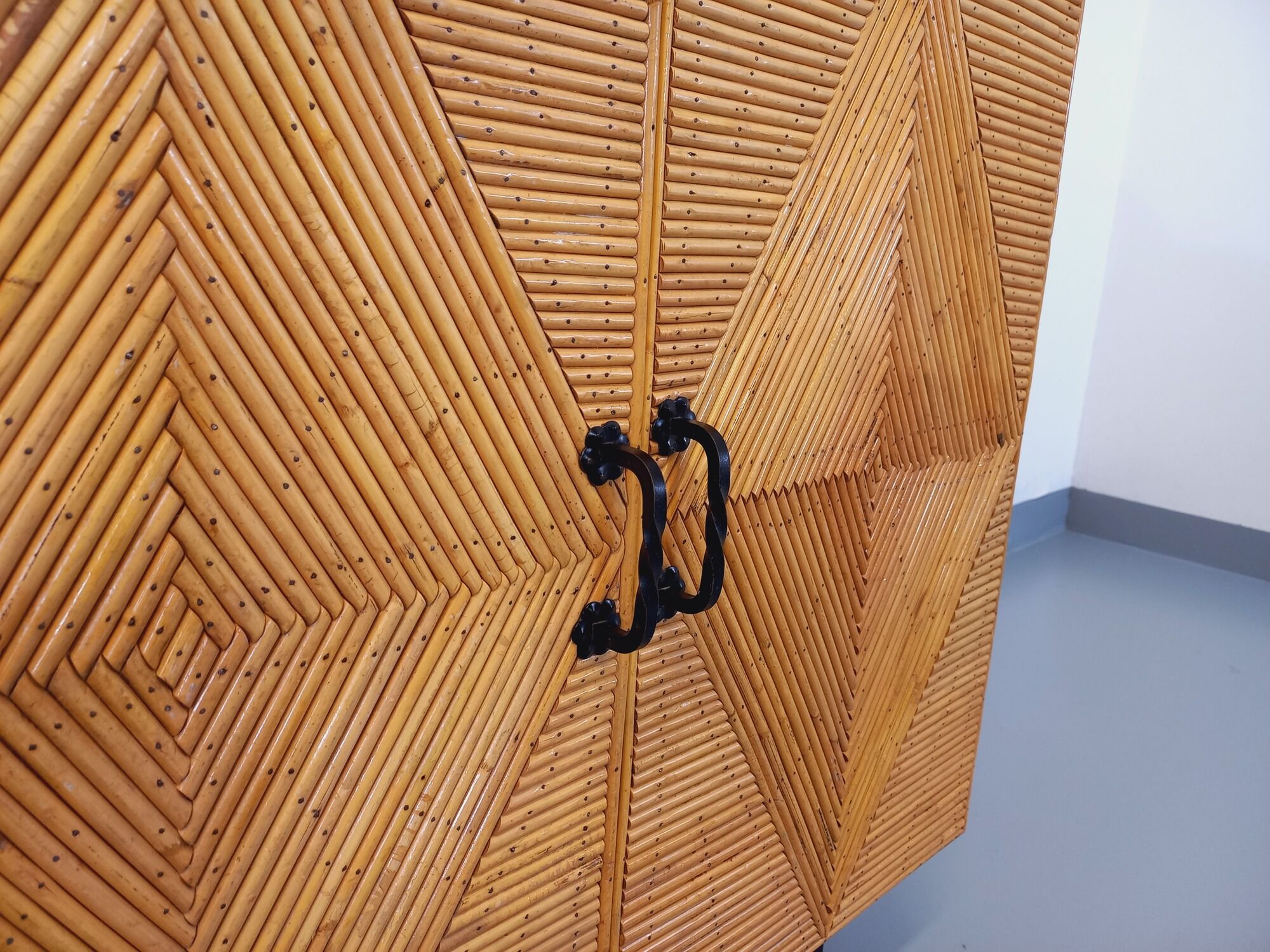 Vintage rattan, wood and metal storage cabinet from the 60s