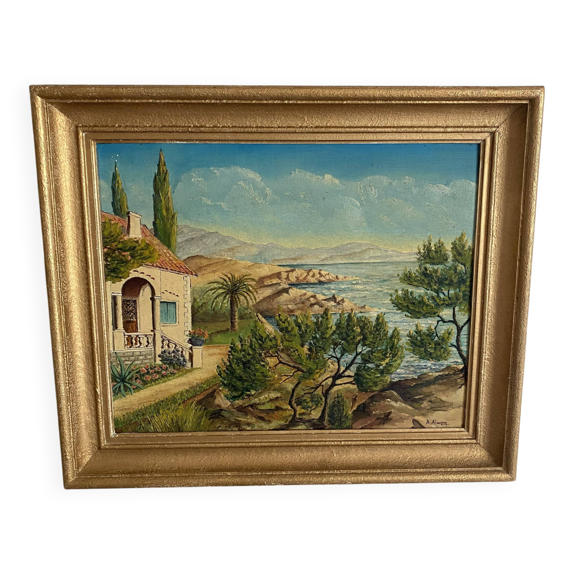 Seaside painting of the Mediterranean, oil on cardboard signed A. Alauzen.