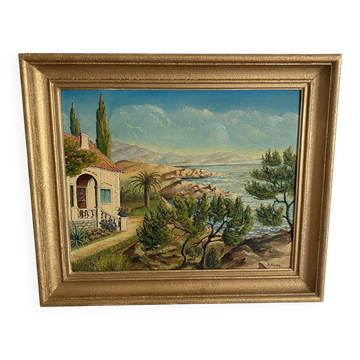 Seaside painting of the Mediterranean, oil on cardboard signed A. Alauzen.