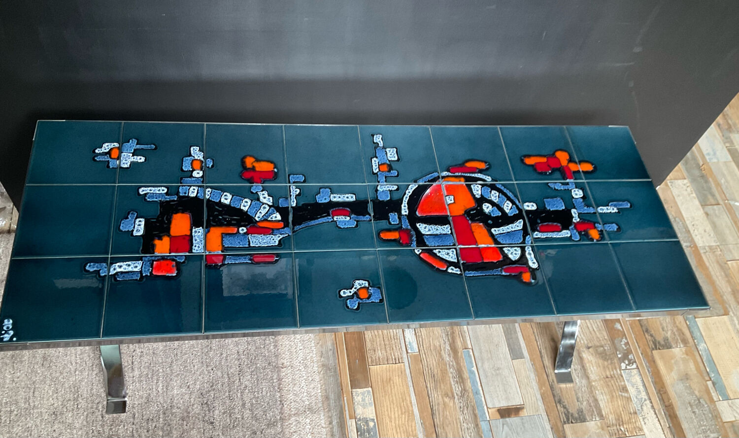 Coffee table in signed ceramic and chromed metal 70s