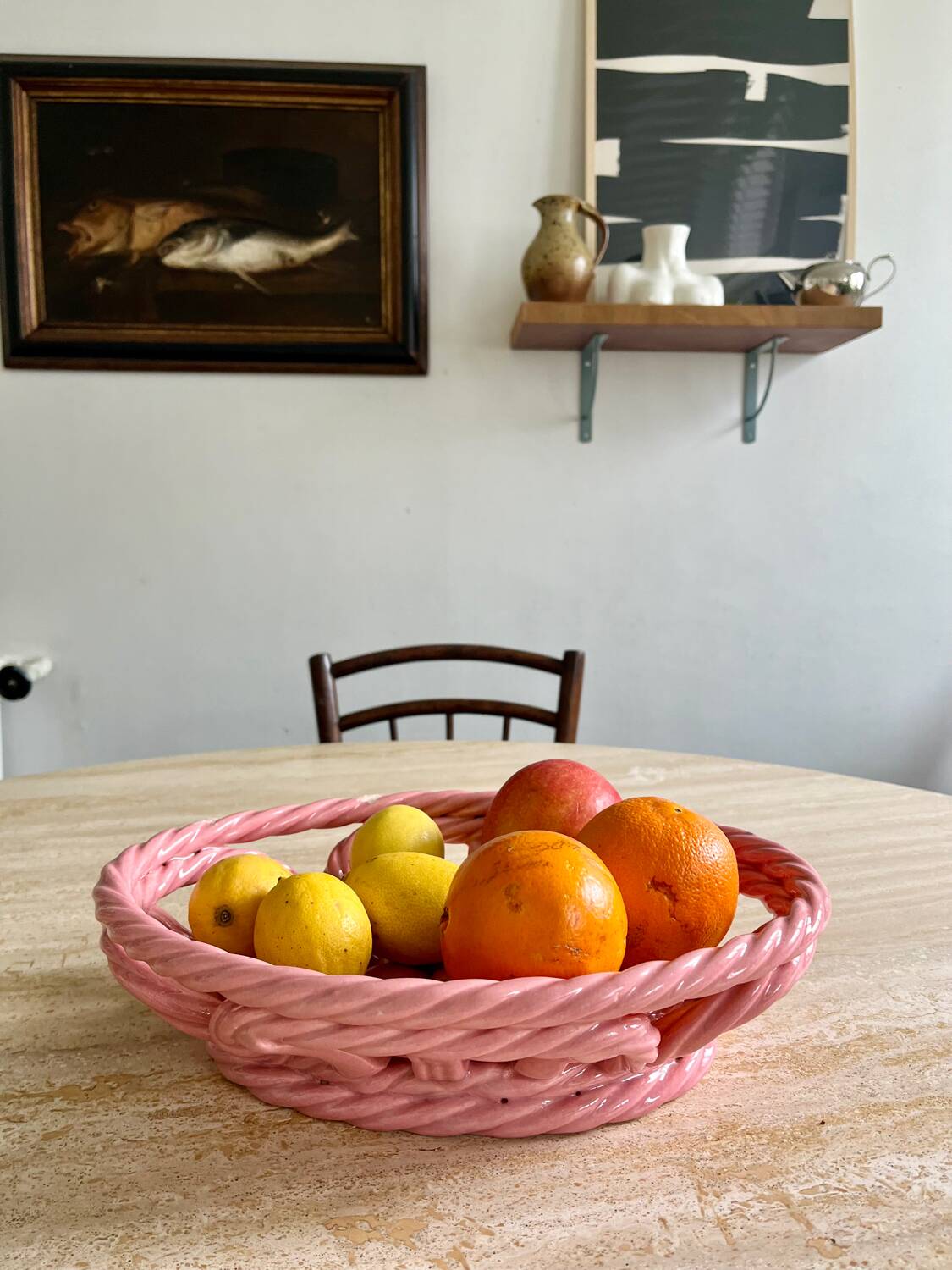 Vintage pink woven ceramic fruit basket