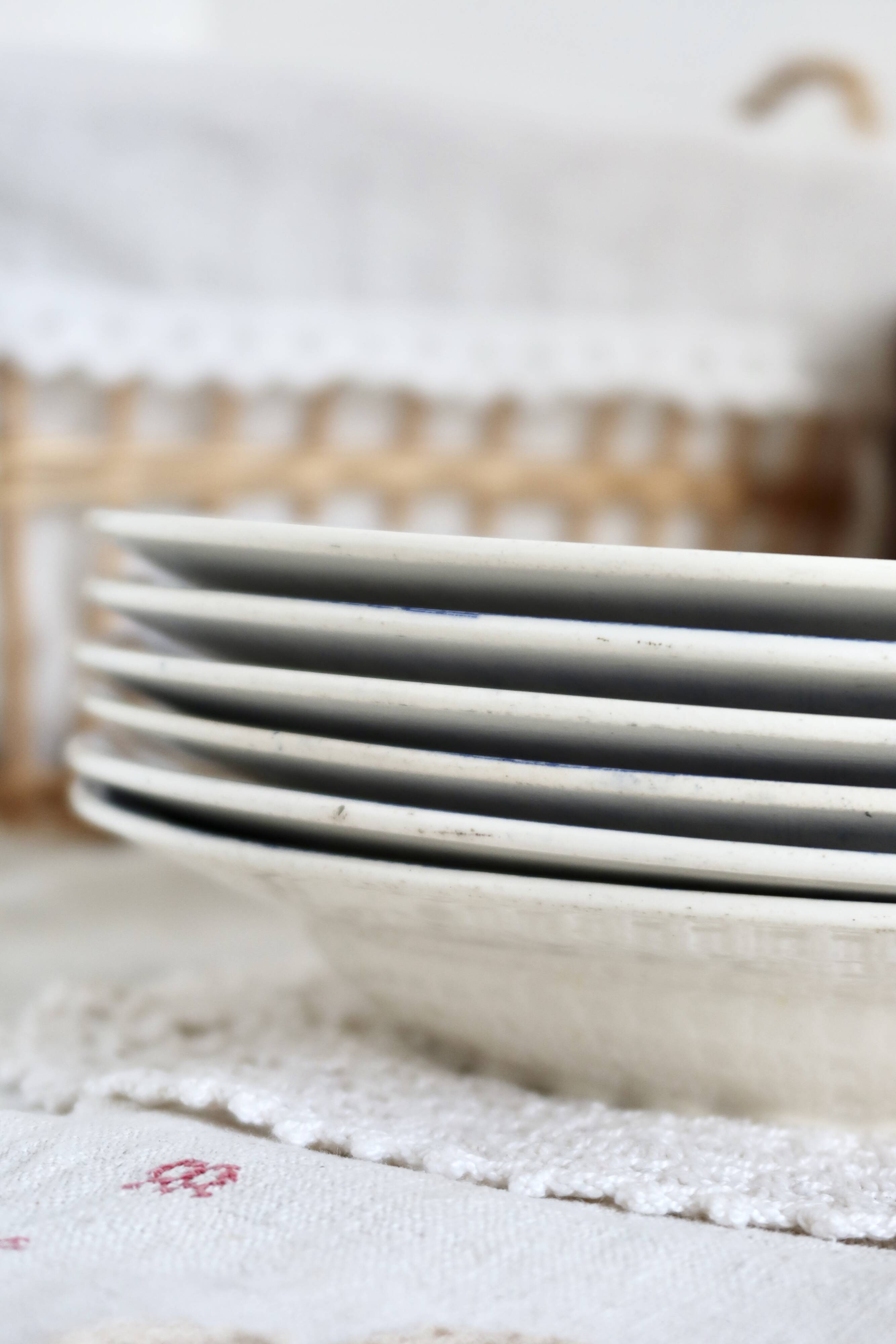 6 vintage Belgian earthenware soup plates with blue marli pattern