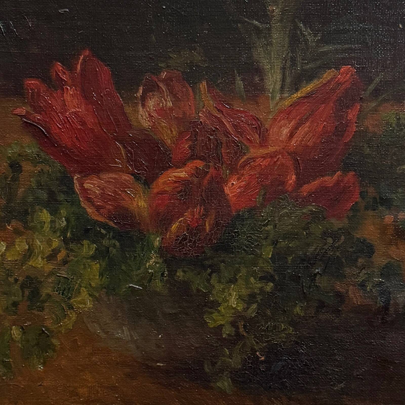 Oil on panel still life with tulips, early 20th century.
