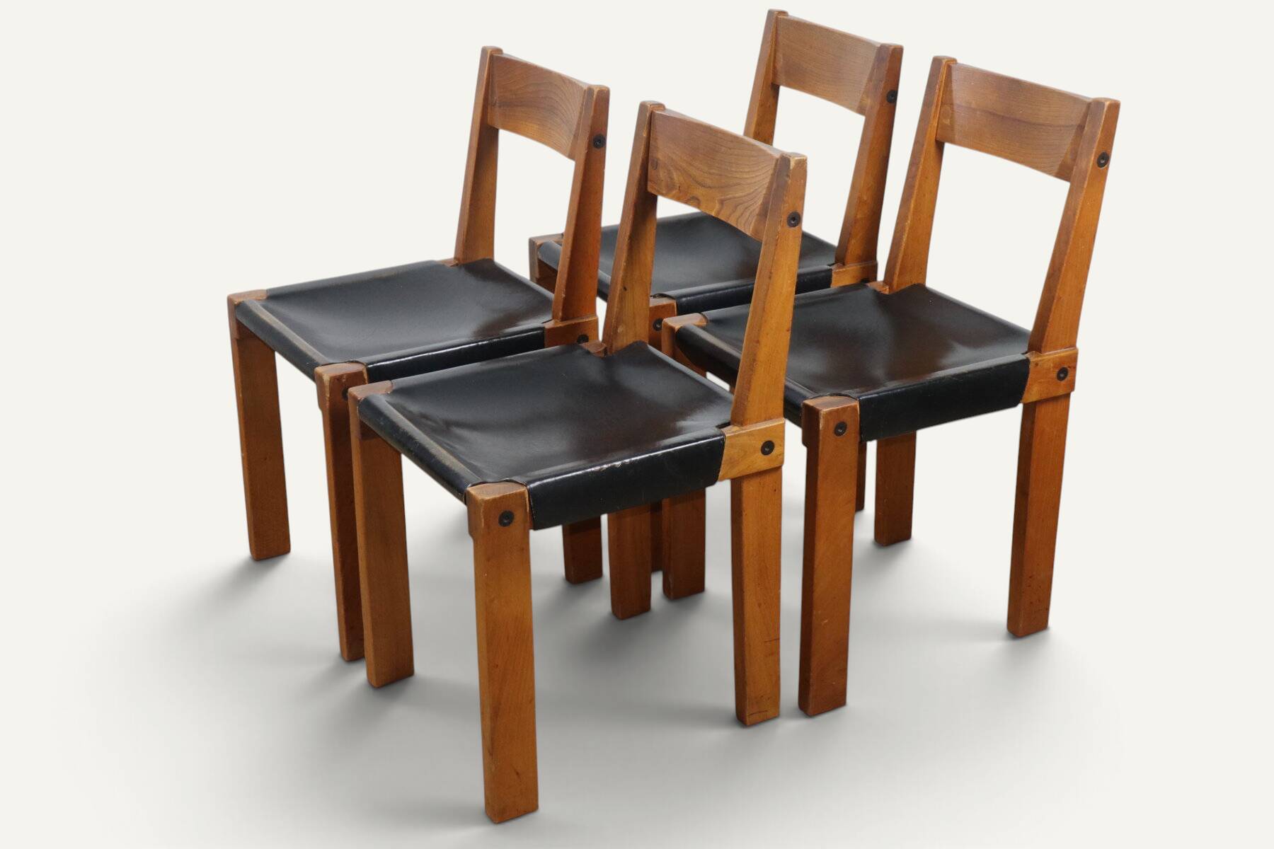 Set of 4 S24 chairs by Pierre Chapo – Solid elm and black leather – 1970