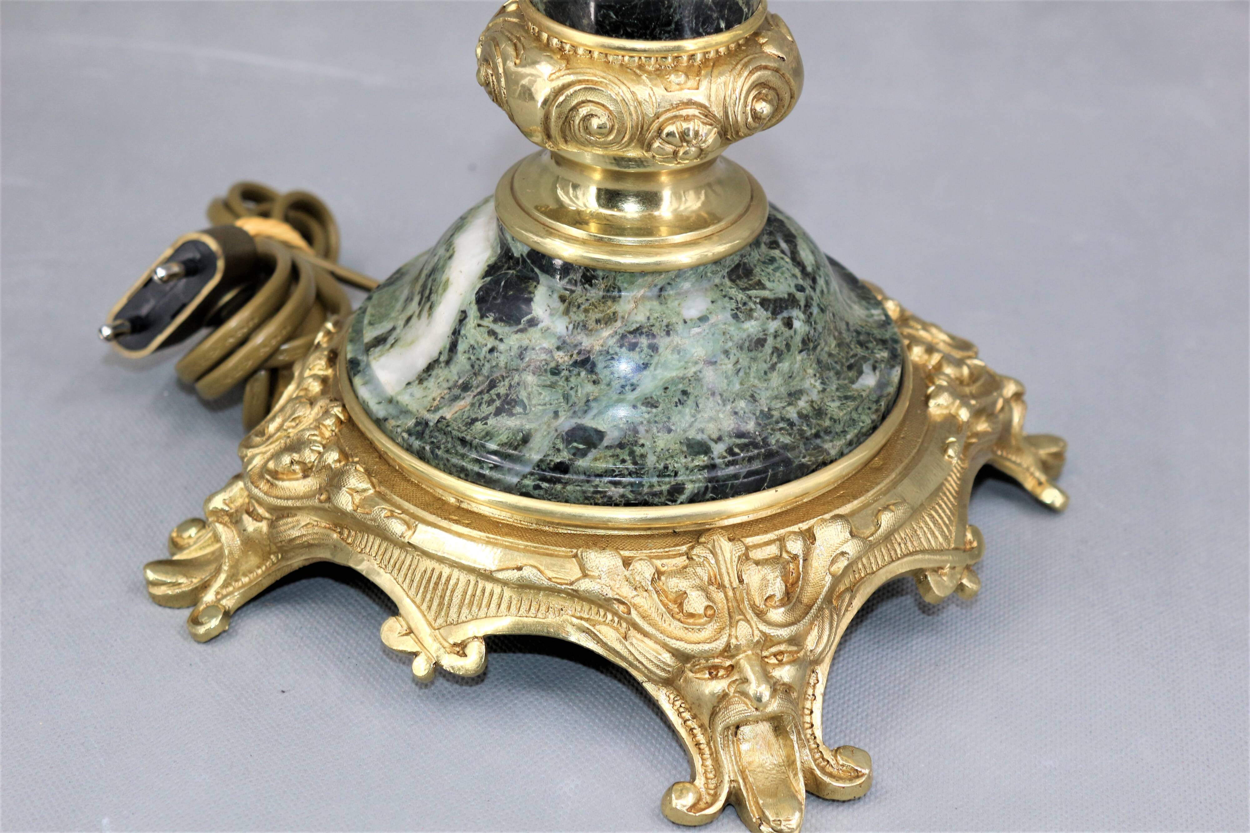 Lamp in gilded bronze & veined water green marble & pleated lampshade