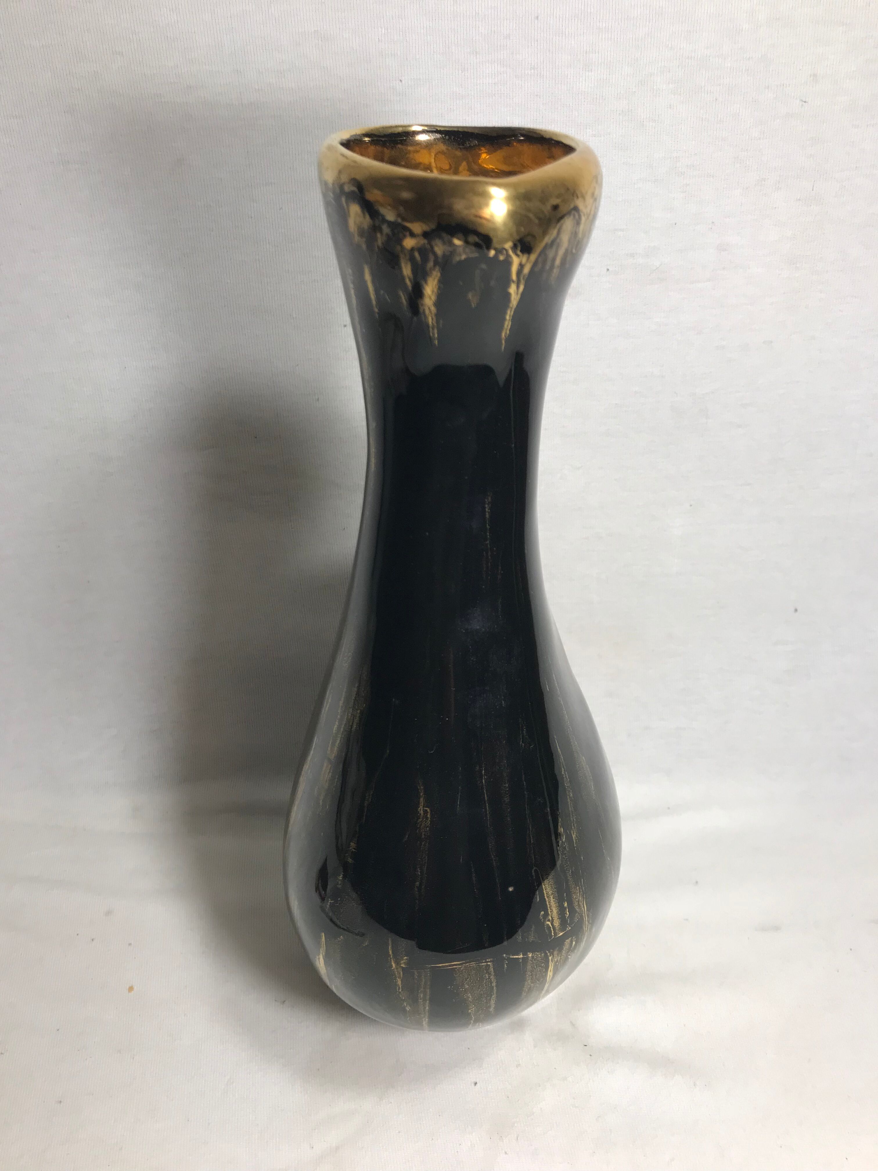 Old glazed ceramic, cove black & gold signed pitcher tess vintage