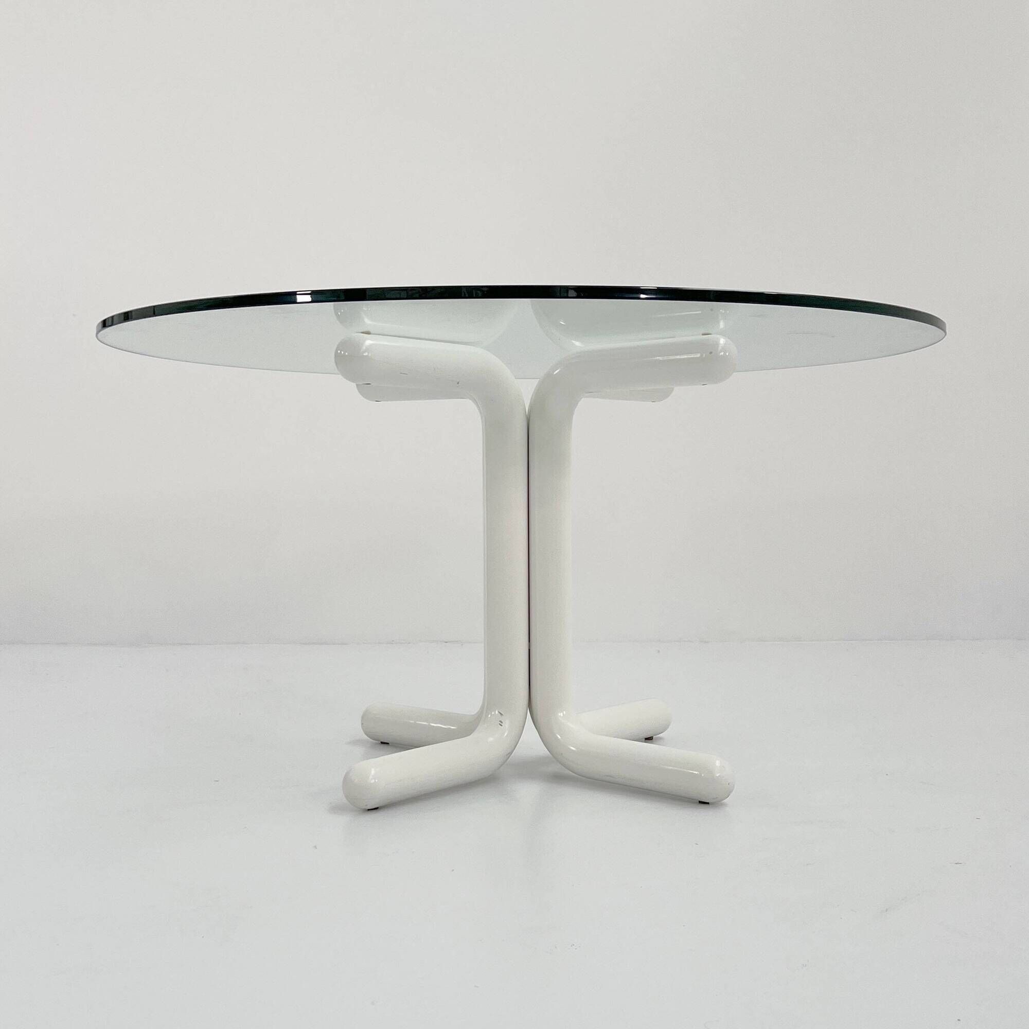 135 cm dining table with thick rounded white wooden legs and glass top, 1980