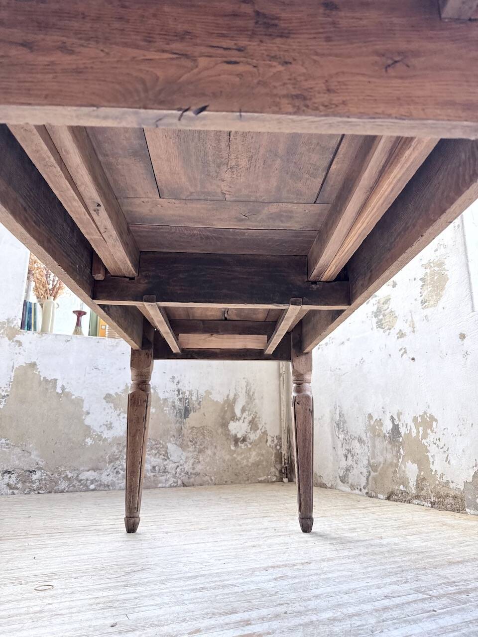 Solid oak farmhouse table with integrated extensions 1950