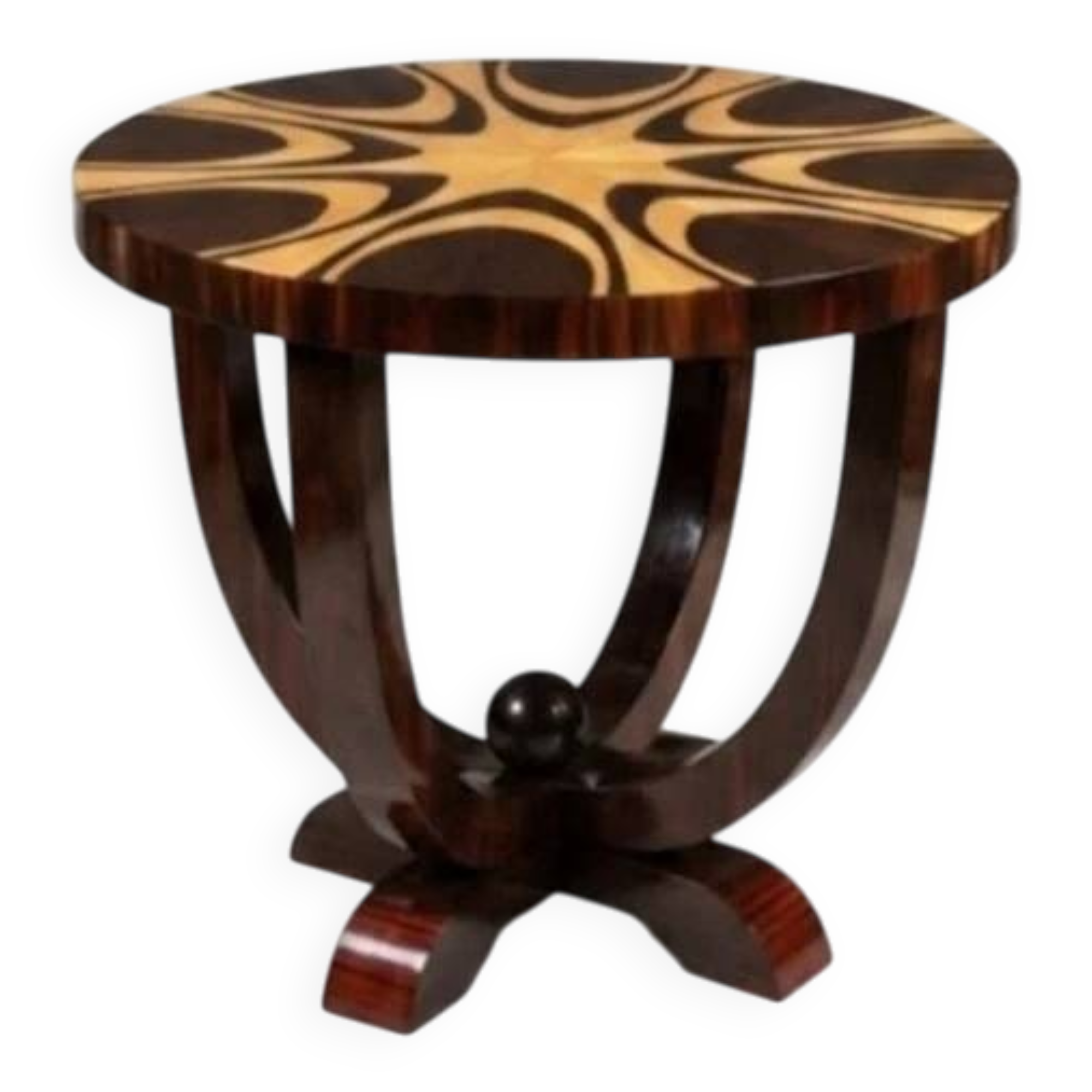 A round Art Deco table made of beech wood, rosewood & elm burl.