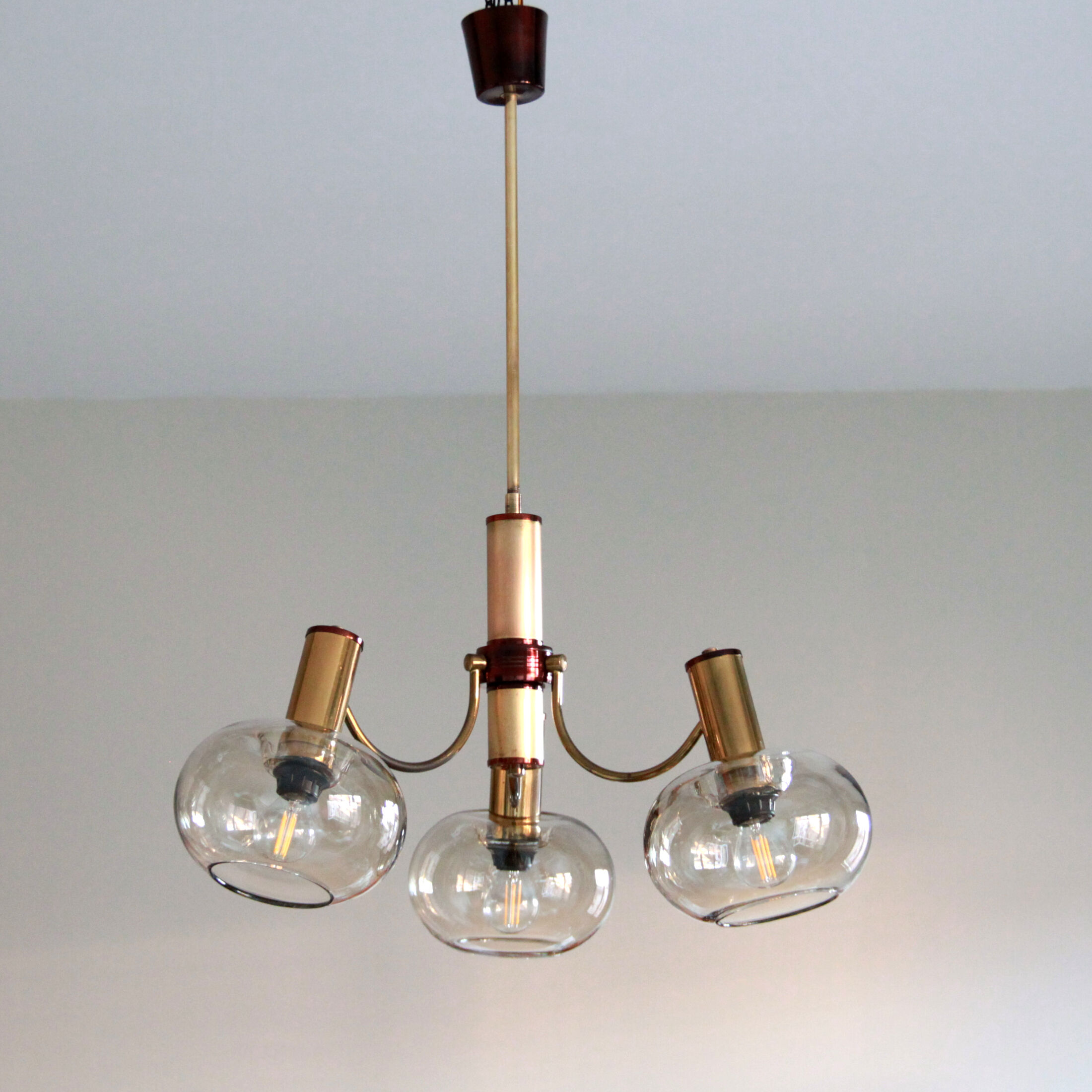 Chandelier 1970 brass gilded globes smoked glass italian