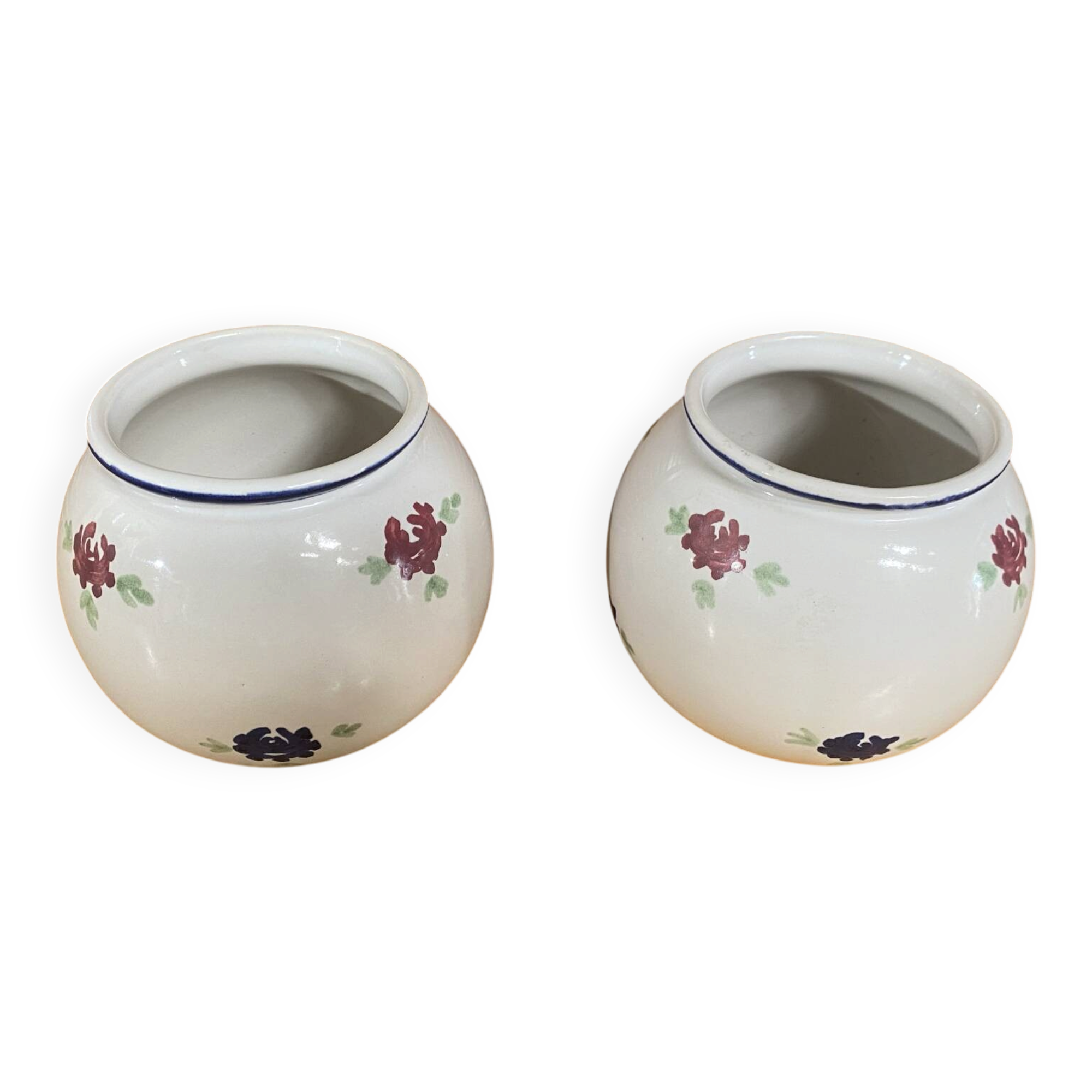 Pair of antique st clément round vases white ceramic flower decor vintage