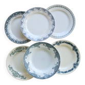 Assiettes plates vintage dépareillées terre de fer - Décor bleu / vert