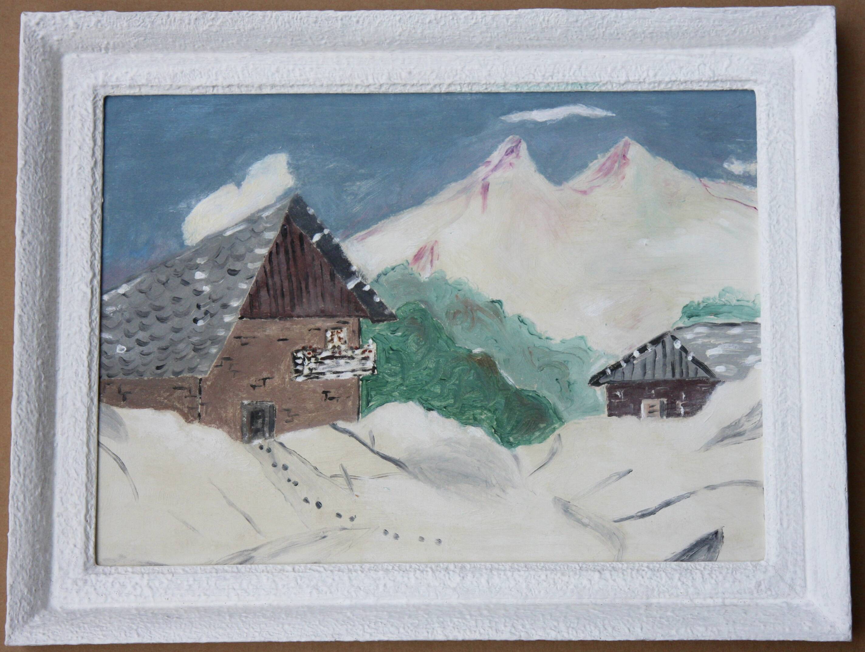 Naive painting, mountain landscape under the snow.