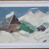 Tableau naïf, paysage de montagne sous la neige.