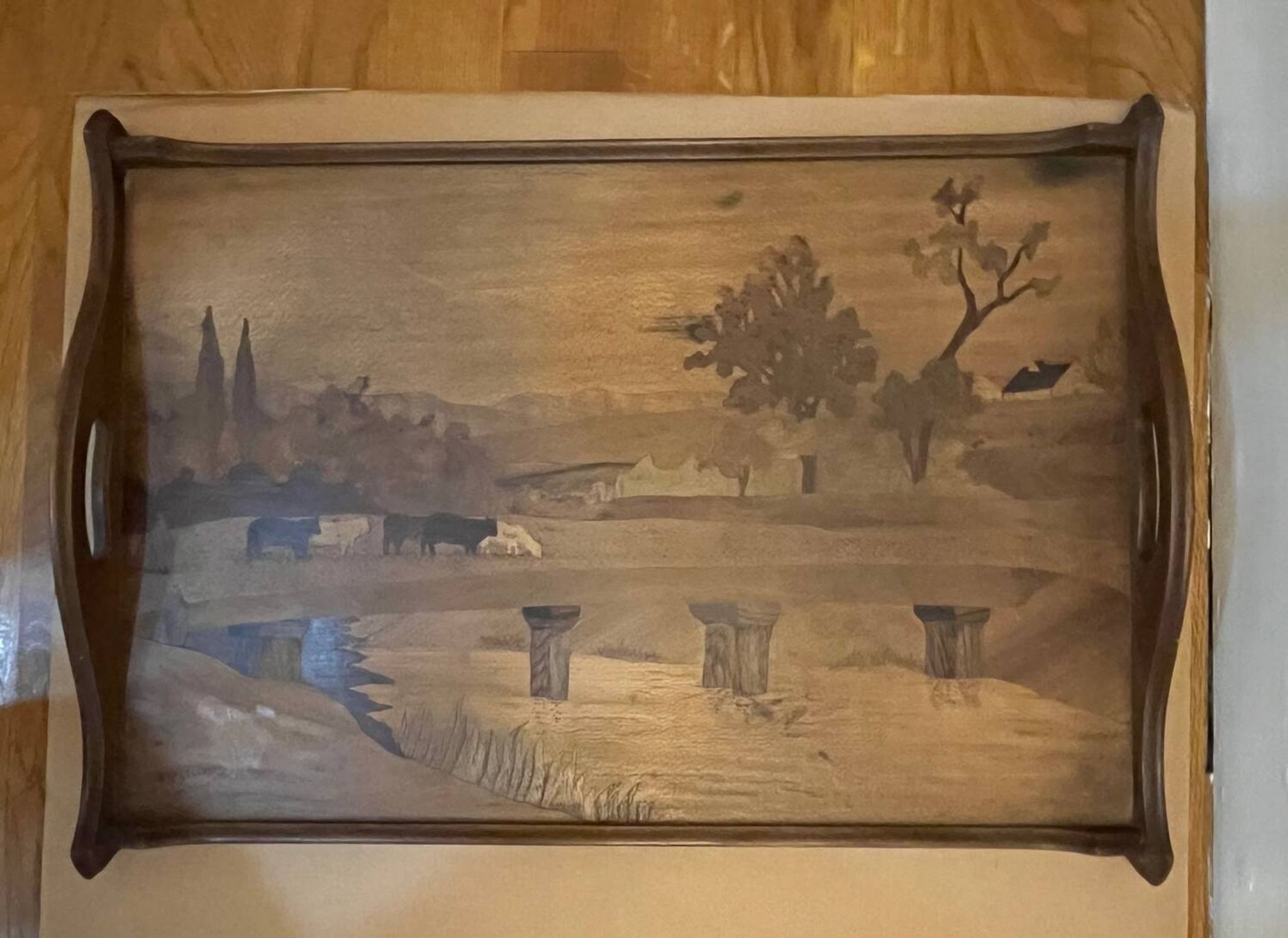 Large antique marquetry wooden platter
