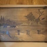 Grand plateau ancien en bois marqueté