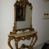 Mirror set with baroque style gilded wood console on marble top.