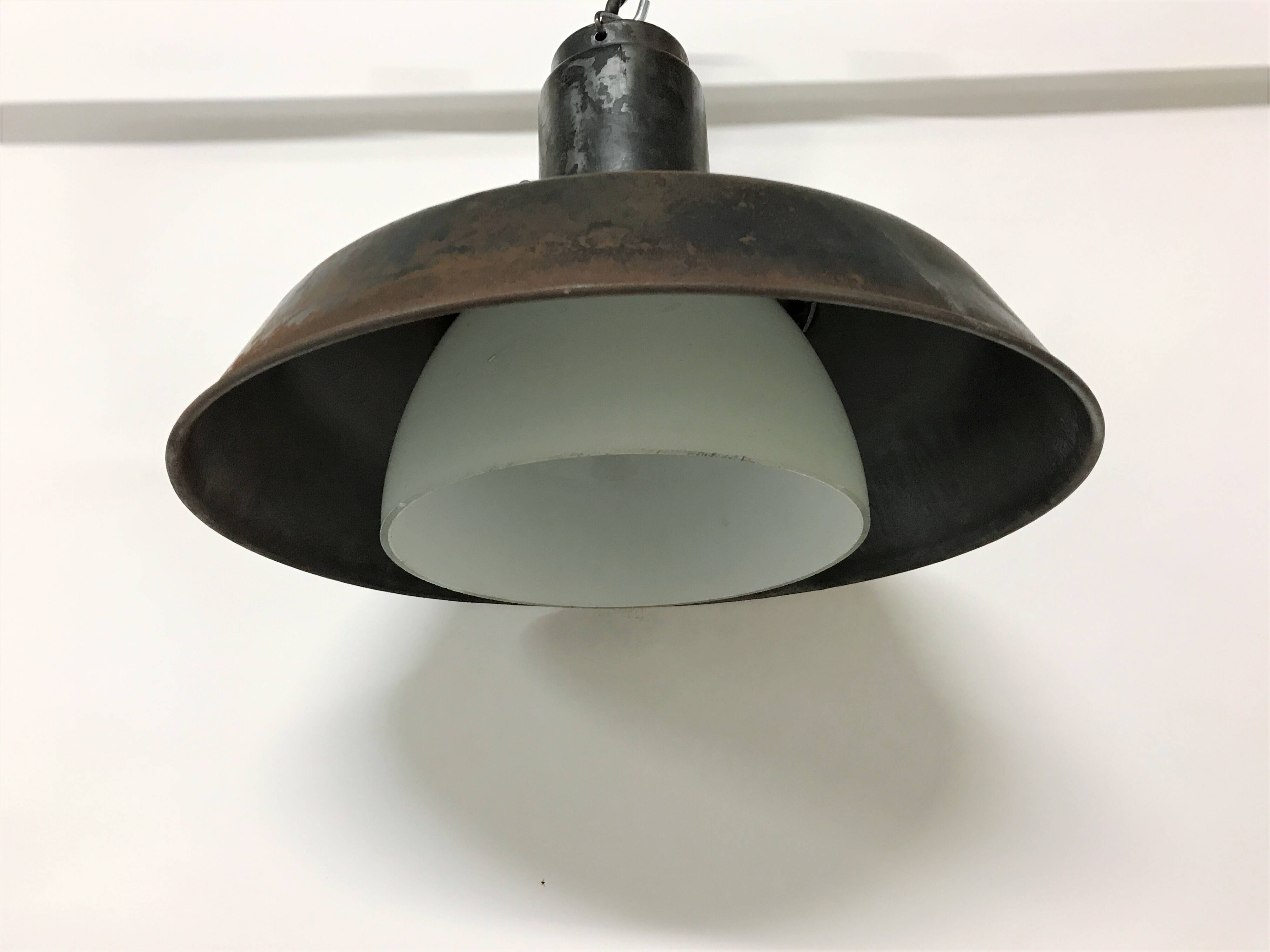 Vintae industrial pendant light with an opaline lamp shade, 1960s