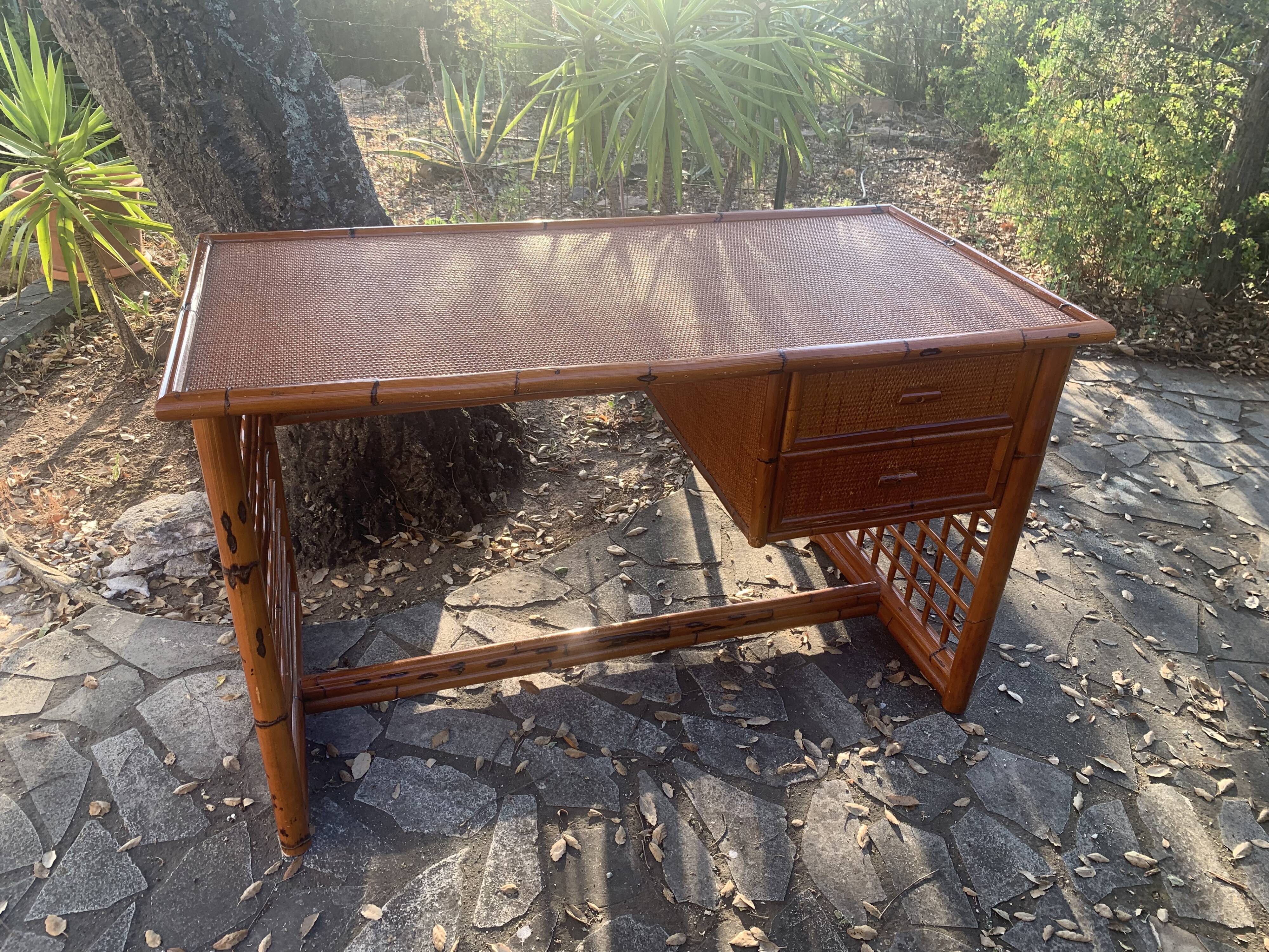 Desk and armchair rattan and vintage bamboo