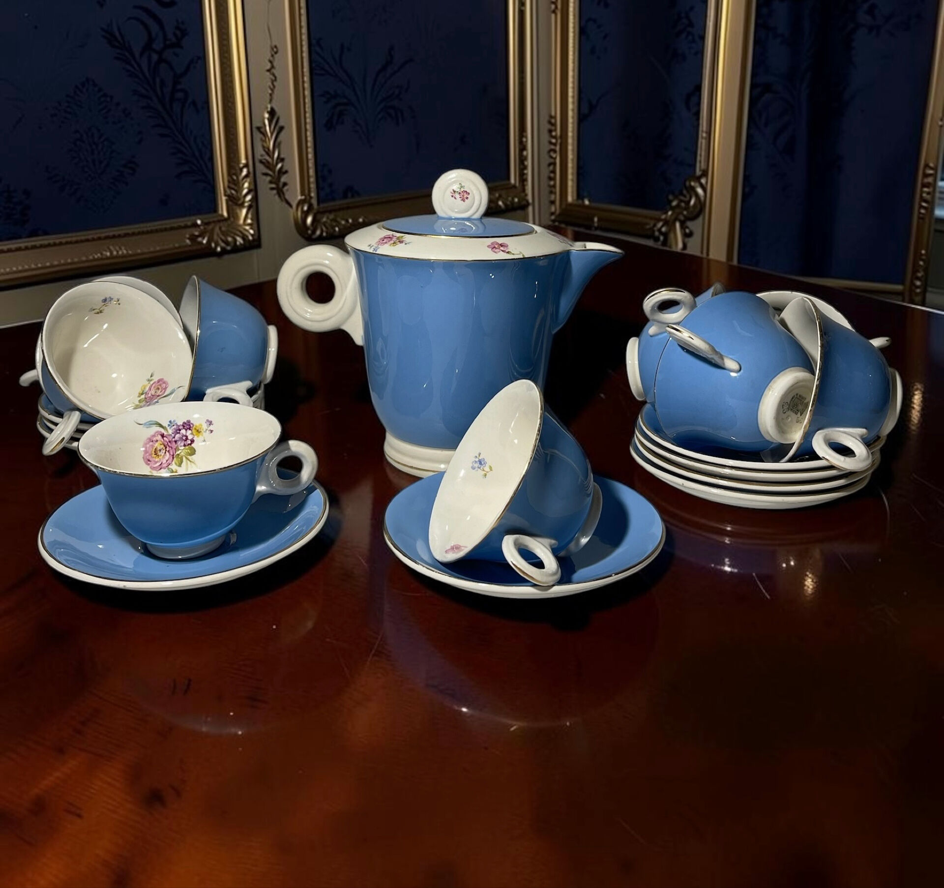 Service à café vintage Digoin Sarreguemines – 9 personnes – Bleu & fle