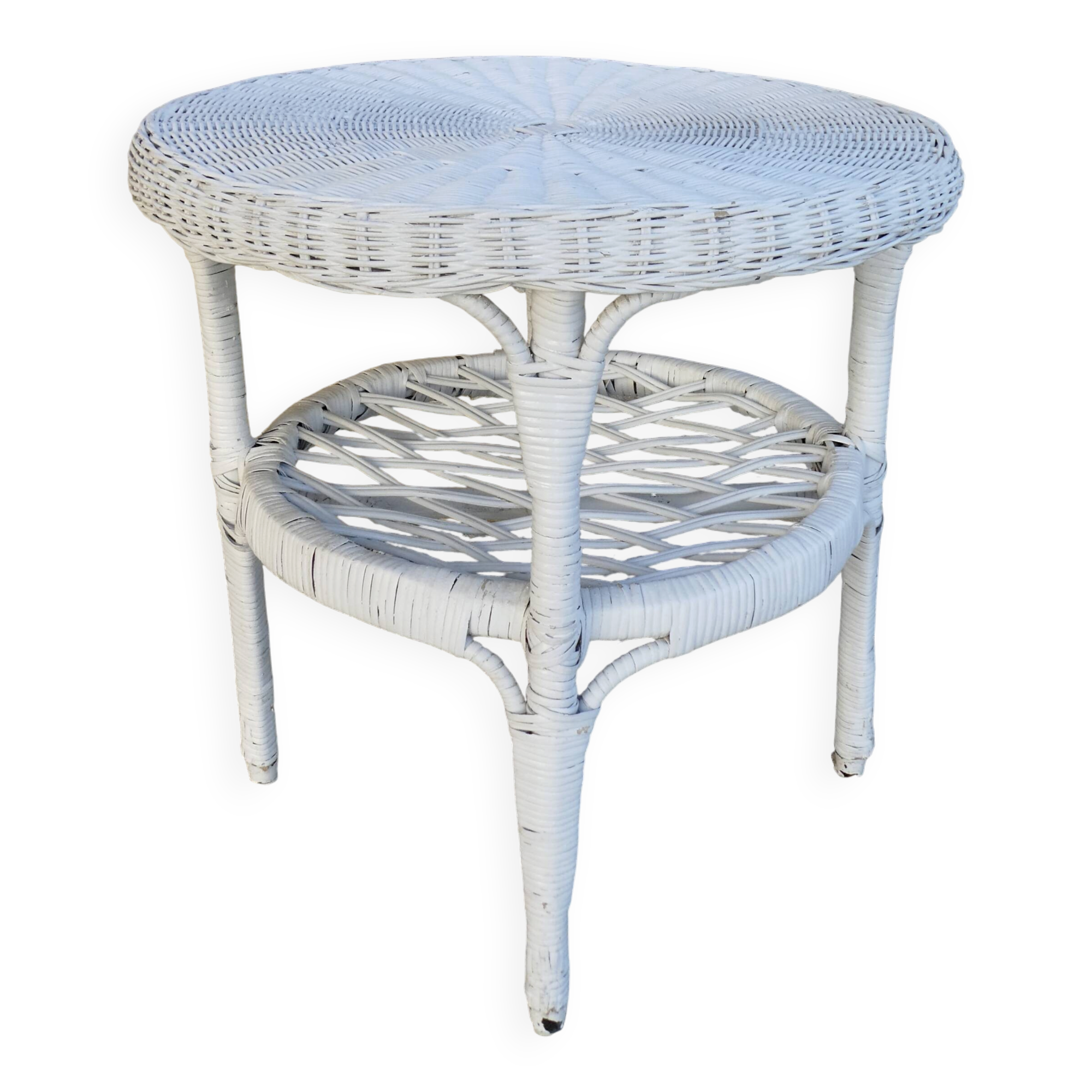 Round white rattan side table with storage underneath, circa 1970.