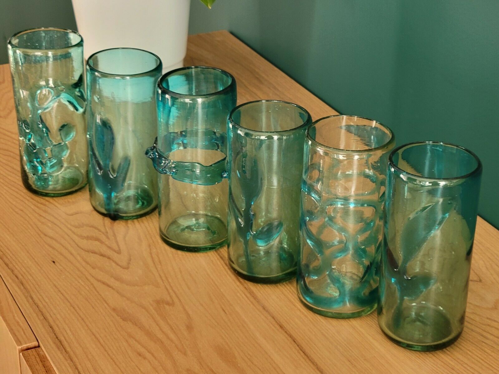 6 orangeade glasses in bubbled blown glass color duck blue
