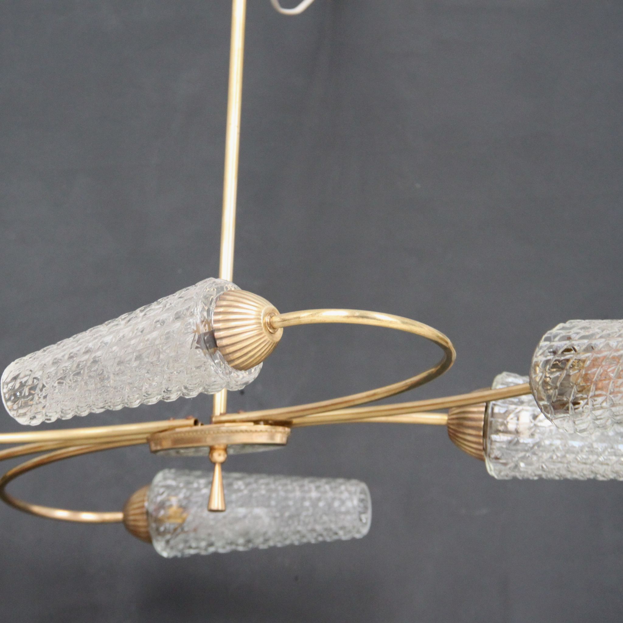 Vintage brass chandelier, moulded glass tulip lampday, circa 1950