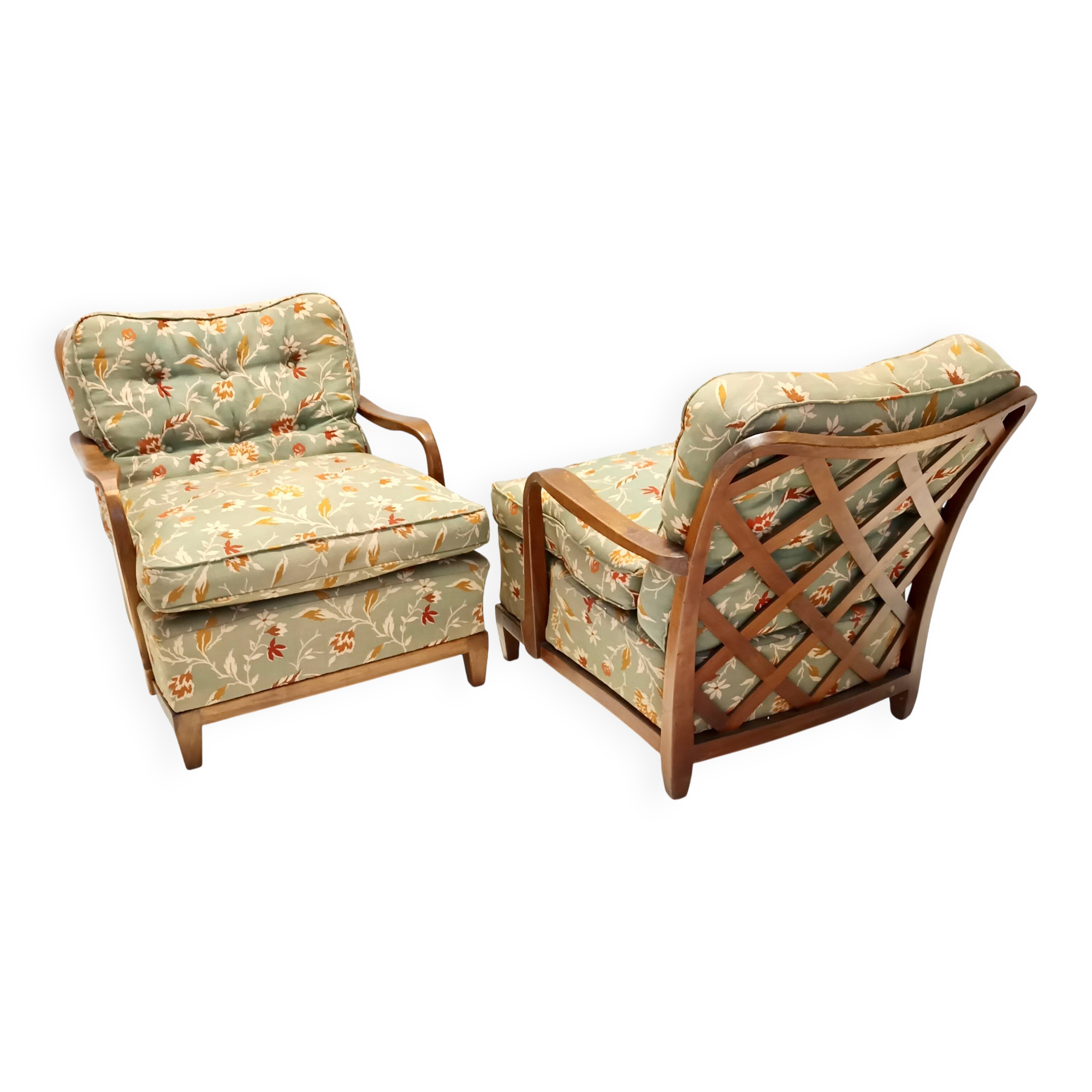 Pair of Olive Green Fabric Armchairs by Paolo Buffa with Walnut Frame