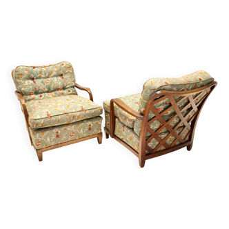 Paire de fauteuils en tissu vert olive de Paolo Buffa avec structure en noyer