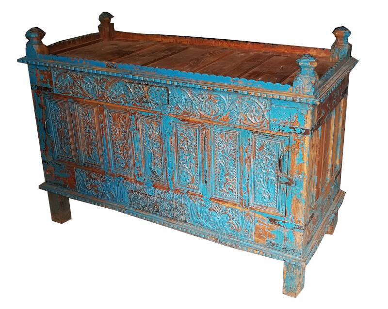Damchaya blue chest original piece old teak with secrets