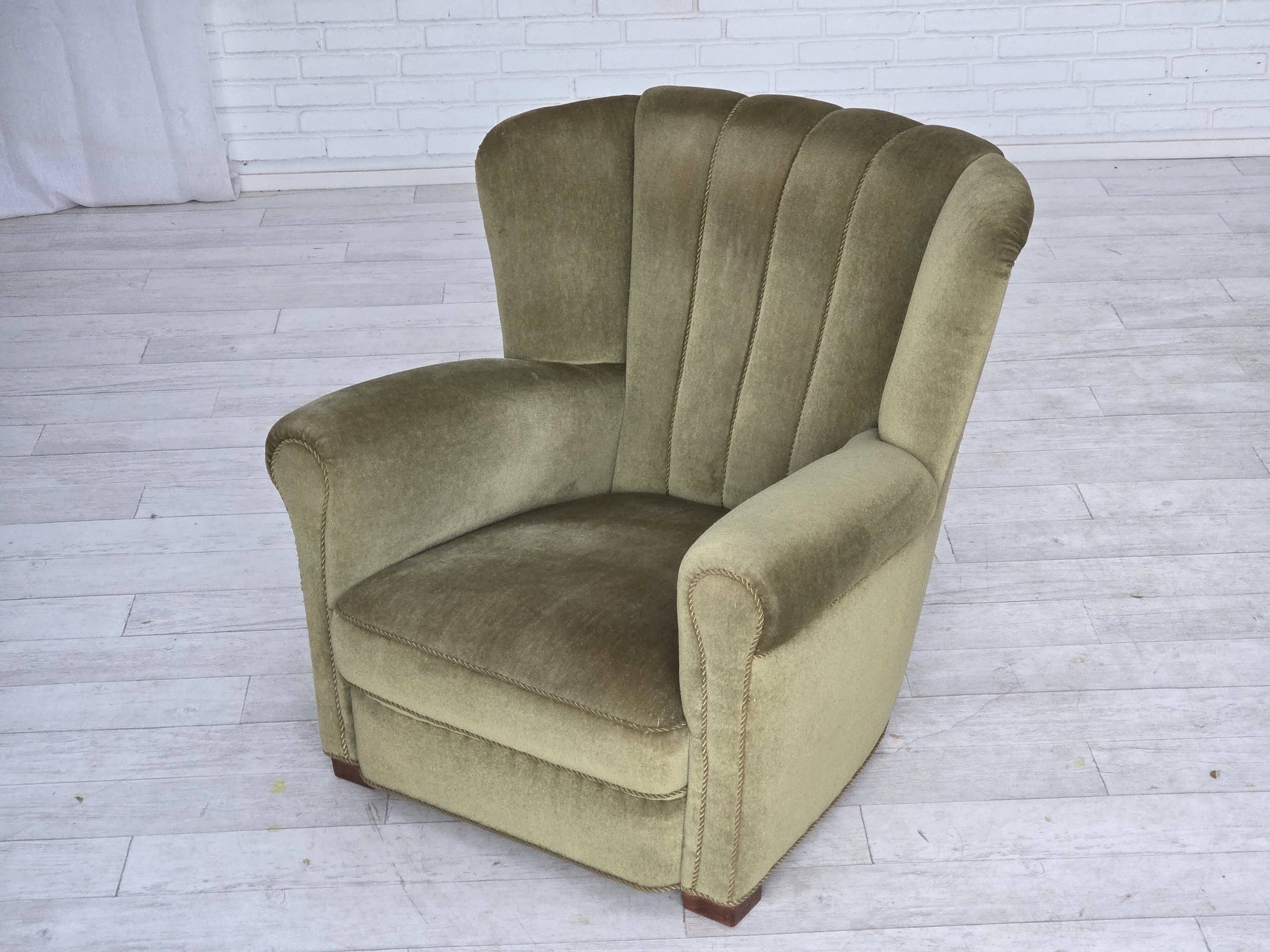 1960s, Danish relax armchair, original green furniture velour, beech wood.