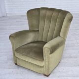 1960s, Danish relax armchair, original green furniture velour, beech wood.